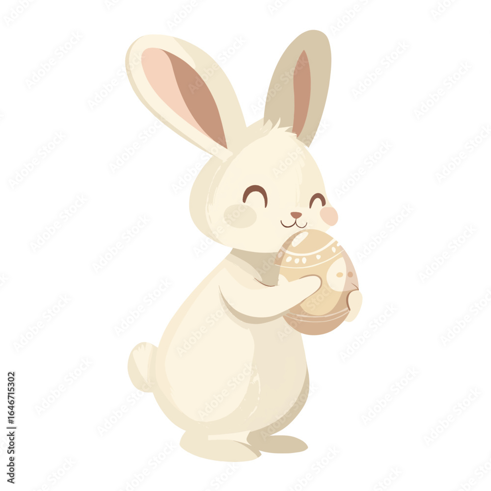 Fototapeta premium Smiling CreamColored Bunny Holding a Decorated Easter Egg with Delicate Details