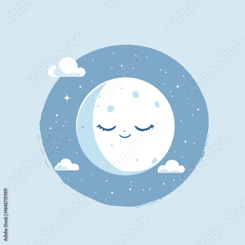 Smiling Moon with Closed Eyes and Clouds in a Blue Circle Design