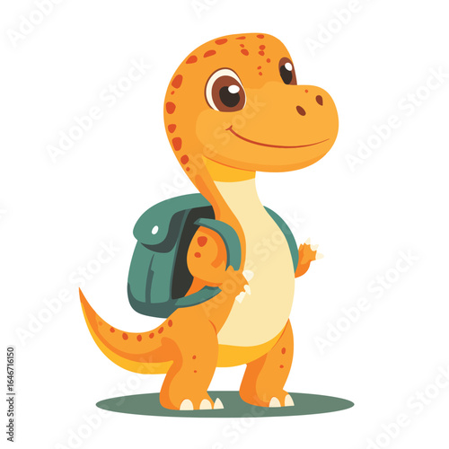 Smiling Orange Dinosaur with Backpack Ready for School Adventure Standing Proudly