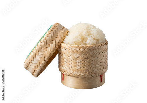 transparent glossy thai sticky rice (khao niao) in an authentic woven bamboo kratip with lid ajar, isolated on a transparent background with soft shadows, concept of authentic thai cuisine
