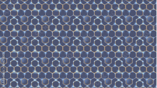 A seamless network of interconnected hexagons forming a complex matrix, with bright, luminous lines tracing the edges, representing data flow and modern science.