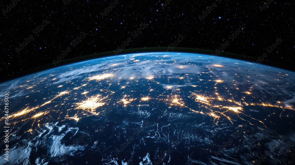 Fototapeta premium Earth from space, showcasing illuminated cities and natural landscapes under starry sky