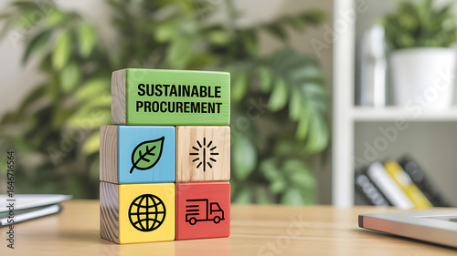 Stacked wooden blocks with sustainable procurement text and icons