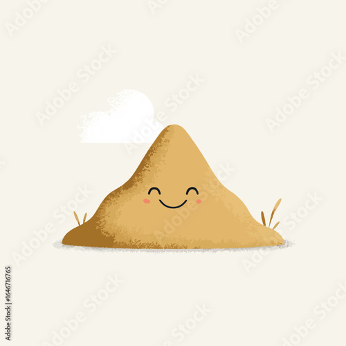 Smiling Sandpile Cartoon Character with Cloud and Grass Accents