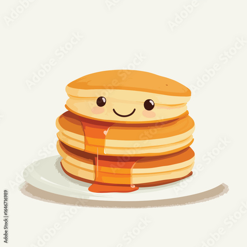 Smiling Stack of Pancakes with Syrup Served on a Plate Cartoon Style