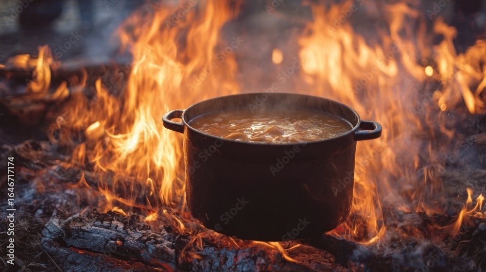 Outdoor cooking pot over campfire Outdoor cooking pot over campfire