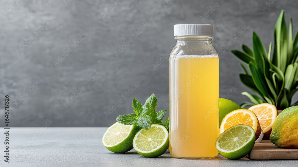 Fototapeta premium Fresh citrus drink in bottle with lime, lemon, and mint, evoking refreshing vibe