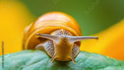 Captivating Macro Shot: Snail Slowly Crawling on a Vibrant Green Leaf, Nature's Tiny World Unfolds