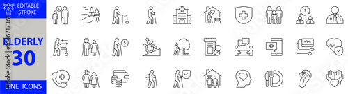 Elderly Icon Set. Vector Illustrations of Senior Citizens, Aging, Retirement, Healthcare, Nursing, Old Age Support, Family Care, and Community Services