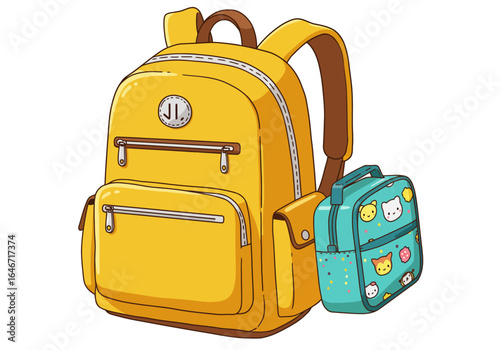 Yellow Backpack and Lunchbox with Cartoon Animal Designs
