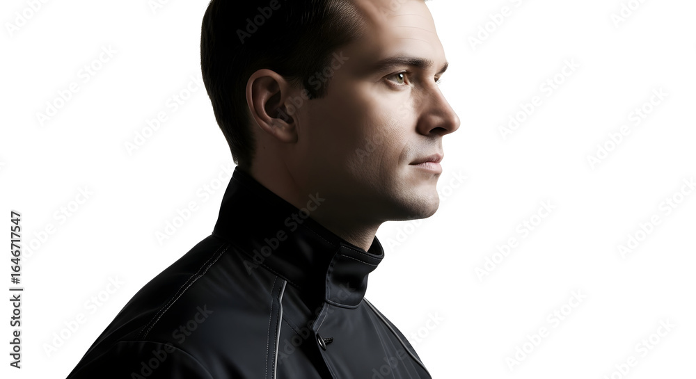 Obraz premium Stylish young man with dark hair and sharp features wearing a black jacket looking to the side against a white background for fashion and portrait photography projects