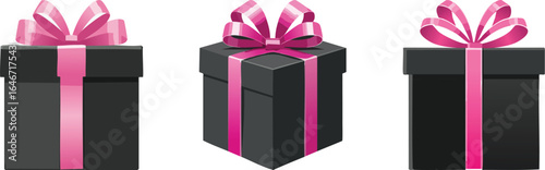 An elegant and chic gift box wrapped in matte black paper, beautifully contrasted with a vibrant, silky pink ribbon tied into a perfect, luxurious bow on top.