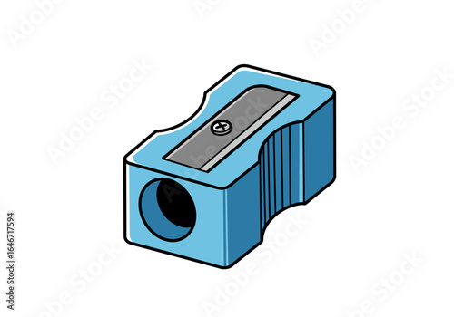 Blue Pencil Sharpener with Gray Blade and Black Outline Illustration