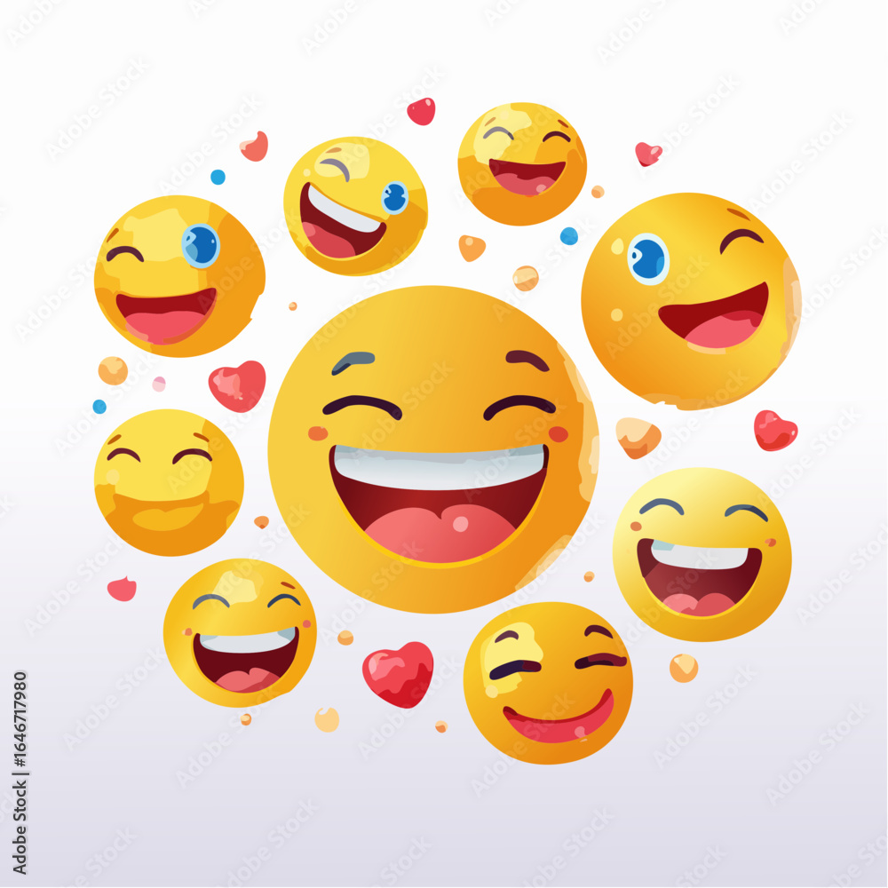 Fototapeta premium Fun set of colourful floating reaction emojis with playful expressions