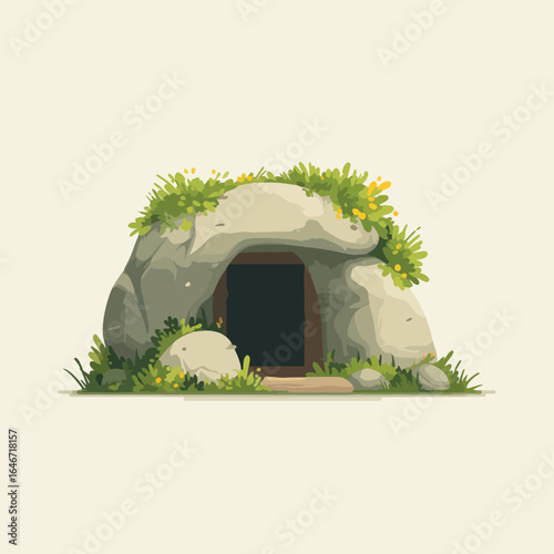 Stone Cave Entrance with Overgrown Roof and Grassy Base
