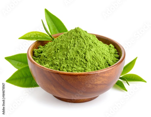 Wooden bowl filled with vibrant green matcha powder, accented by fresh tea leaves on a white background