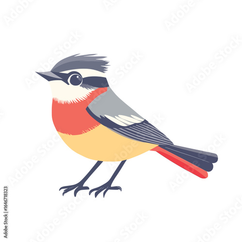 Stylized bird with red chest gray head and yellow belly standing