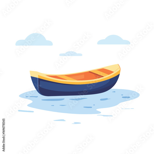 Stylized blue and yellow canoe floating on light blue water with clouds above