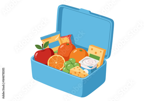 Open Blue Lunchbox Filled with Healthy Food Items