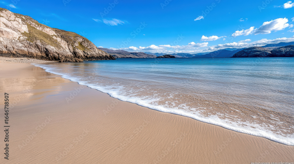 Fototapeta premium Serene sandy beach with gentle waves lapping at shore, surrounded by hills and mountains