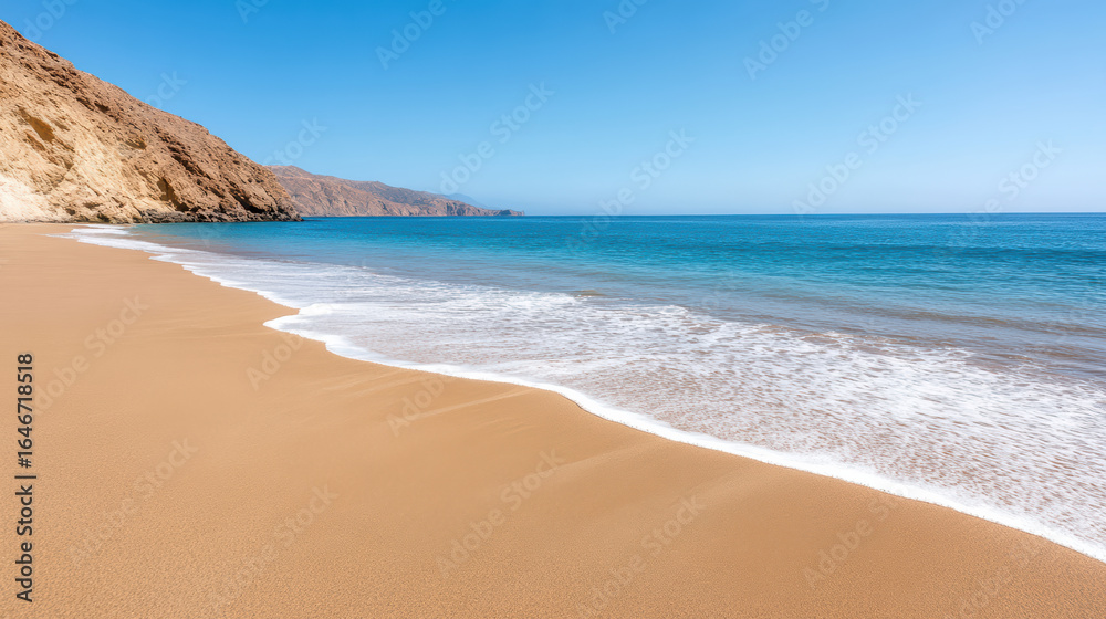 Serene sandy beach with gentle waves lapping at shore, surrounded by hills and clear blue skies Serene sandy beach with gentle waves lapping at shore, surrounded by hills and clear blue skies