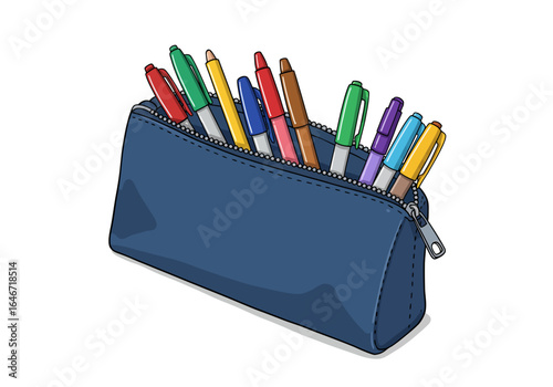 Blue Pencil Case Filled with Colorful Pens and Markers Illustration