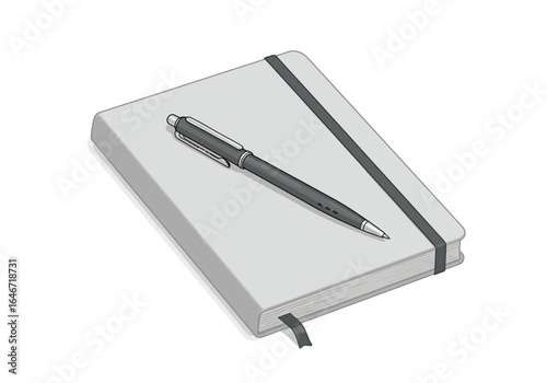 Gray Notebook with Black Pen and Elastic Band Illustration