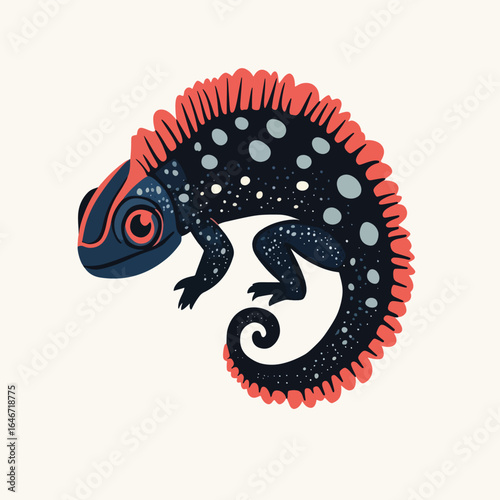 Stylized Chameleon with Red Crest and Dark Blue Body Artistic Illustration