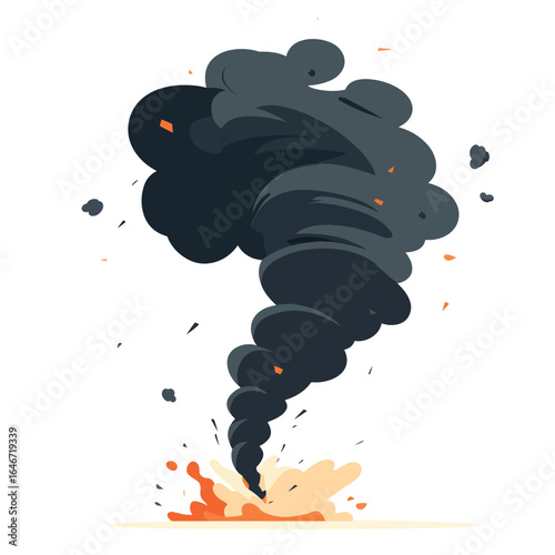 Stylized Dark Smoke Plume with Fiery Explosion and Debris