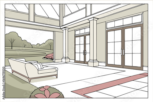 Illustration of a luxury home with inspection text and a winding path leading to the front entrance way