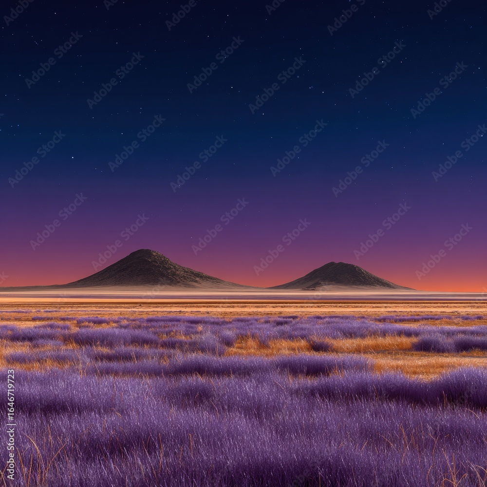 Naklejka premium A vast, flat plain of purple wildflowers stretches to dark, purple-orange mountains under a star-filled night sky