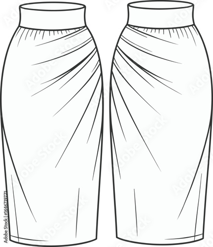 Elegant high-waisted pencil skirt with draped detailing, fitted silhouette, stylish design, fashion garment flat sketch, vector drawing, CAD illustration