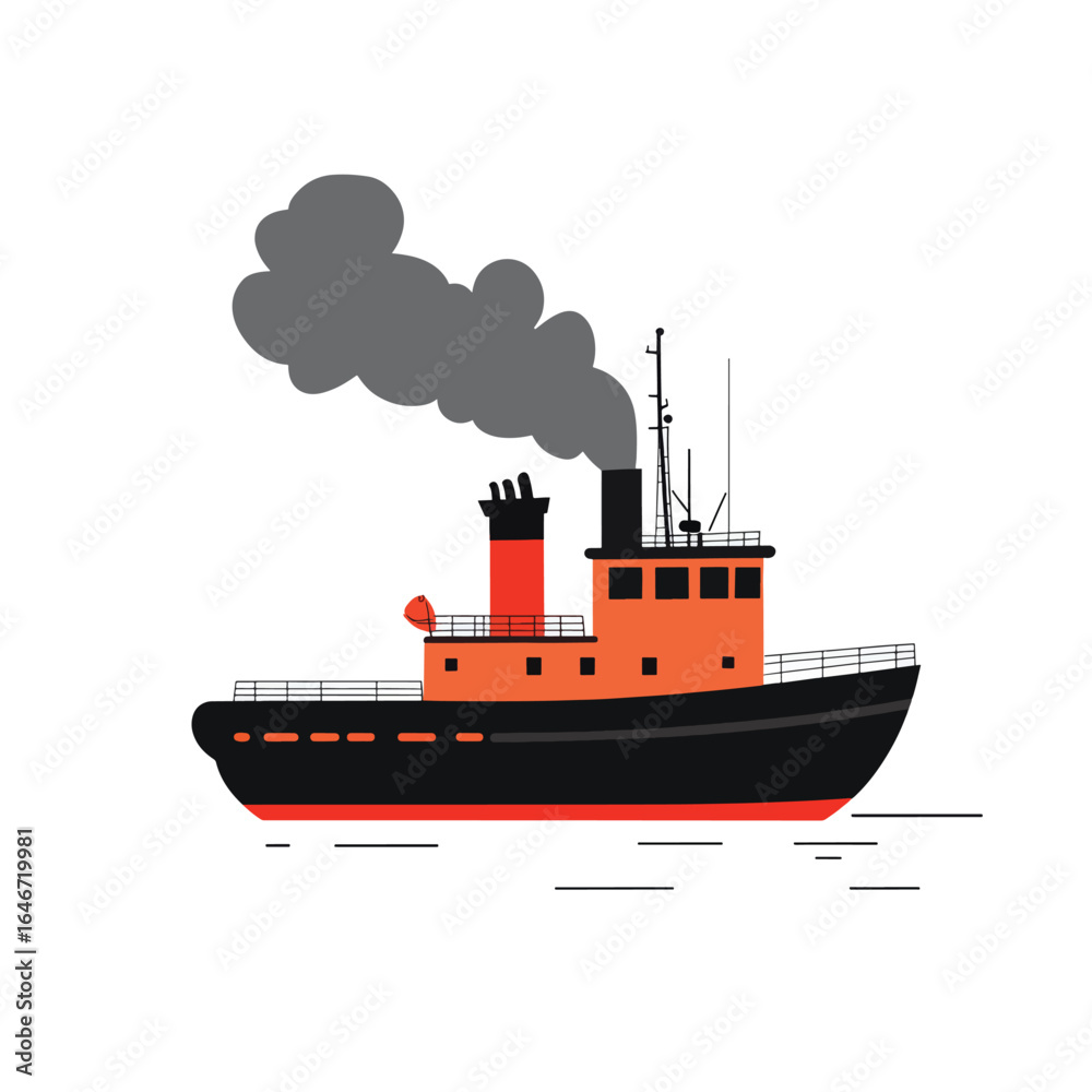 Obraz premium Stylized Orange and Black Tugboat with Billowing Smoke and Antennae