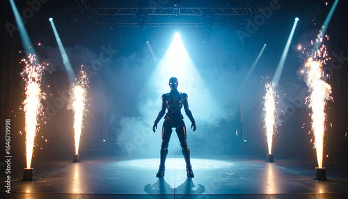 Robot spotlight stage pyrotechnic spark fountain with theatrical smoke and dark background creating dramatic effect and futuristic atmosphere