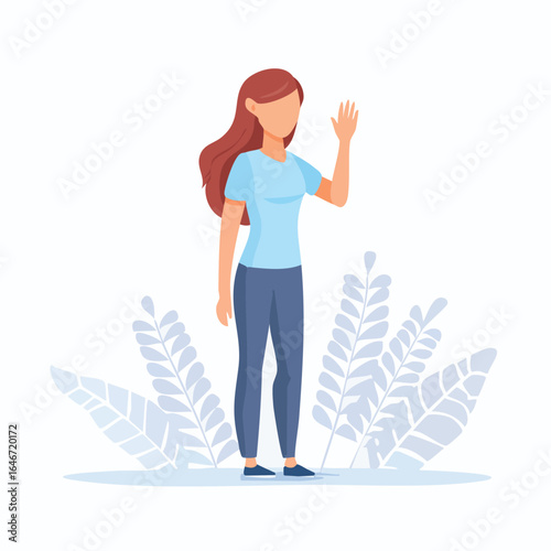 Woman waving hello, friendly cartoon style