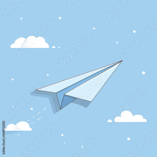 Stylized Paper Airplane Soaring with Clouds and Starry Sky