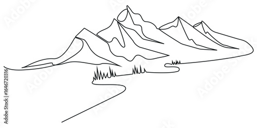 Mountain - continuous one line drawing. One line Mountain range landscape background. Rocky peaks in simple linear style. Black and white minimalist mountain illustration