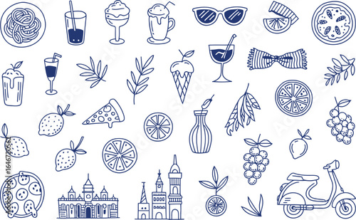Hand drawn doodle elements of food drinks and travel