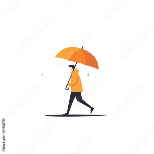 Stylized Person Walking with Orange Umbrella in Rain Wearing Yellow Jacket