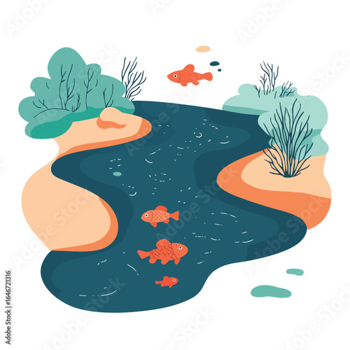 Stylized River Scene with Orange Fish and Lush Greenery Elements