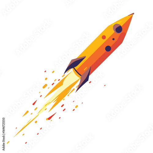 Stylized Rocket Ascending with Fiery Exhaust and Circular Windows