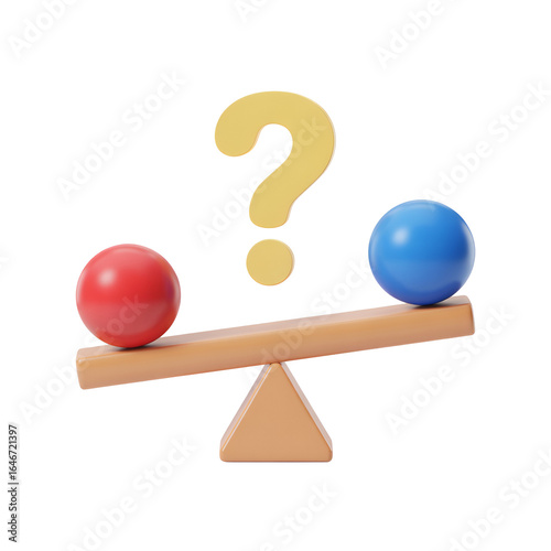 Seesaw with red and blue spheres and question mark representing uncertainty and decision making  
