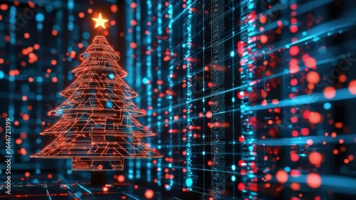 Futuristic Digital Christmas Tree with Binary Code and Glowing Lights in a High-Tech Environment