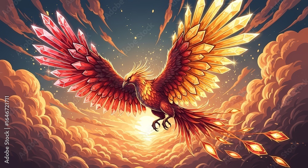 Obraz premium Majestic crystalline firebird with jeweled wings soaring through a celestial sunset over glowing clouds