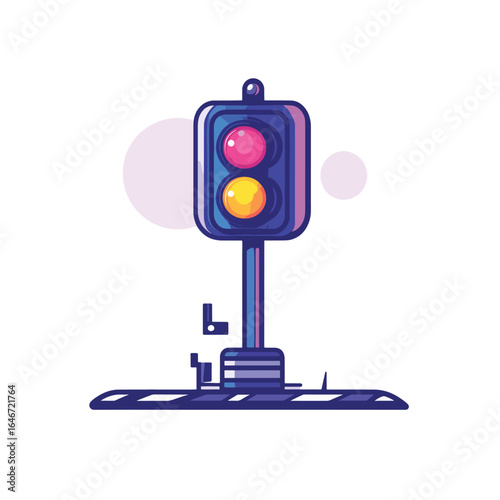 Stylized Traffic Light with Pink and Yellow Lights on Striped Base