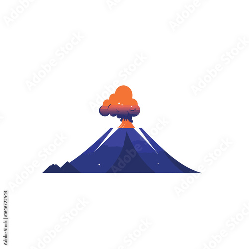 Stylized Volcano Eruption with Orange Plume and Dark Blue Mountain Silhouette