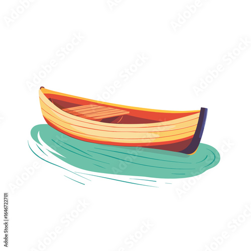 Stylized wooden rowboat with orange interior floating on teal water