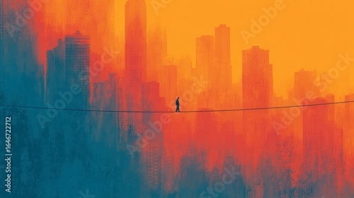 Solitary figure walks tightrope cityscape sunset