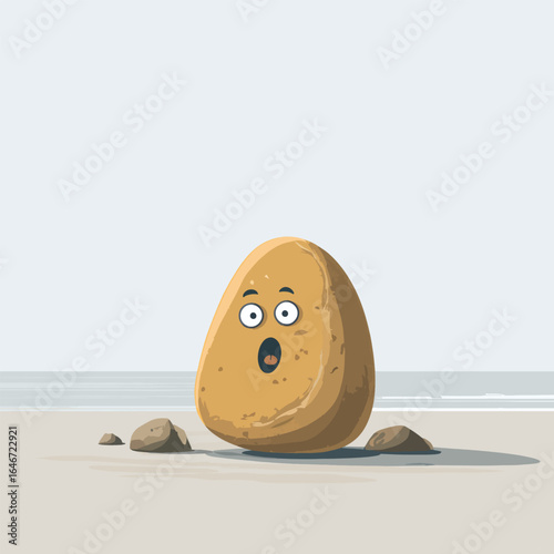 Surprised Potato Character with Wide Eyes and Open Mouth on Sandy Ground