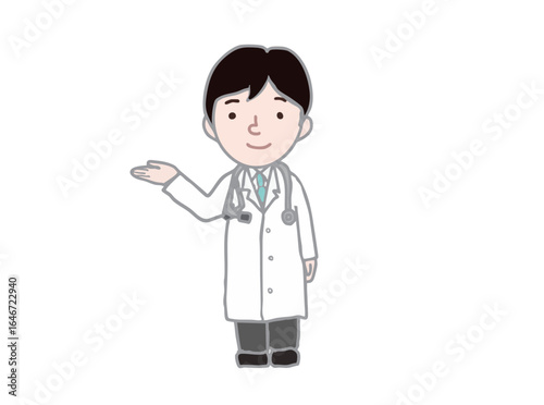 Illustration of a full-body view of a young male doctor in a white coat gesturing and giving instructions